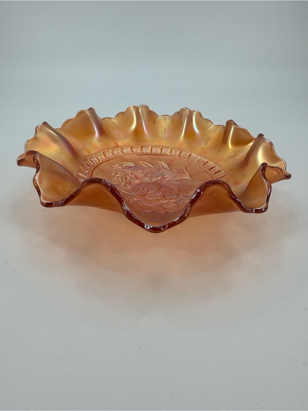 Antique Dugan Windflower Marigold Carnival Glass Ruffled Bowl